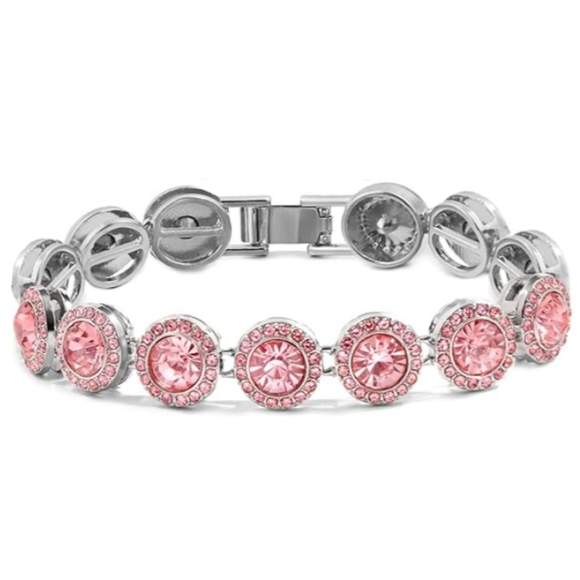 Pink Pave Crystal Silver Iced Links Bracelet Rhinestone Round CZ Circle Links - Picture 2 of 8